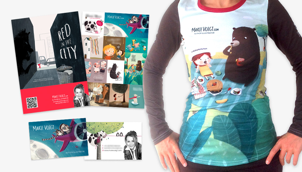 Some of the promo material I took to Bologna Children's Book Fair - printed top, A4 flyers and business cards