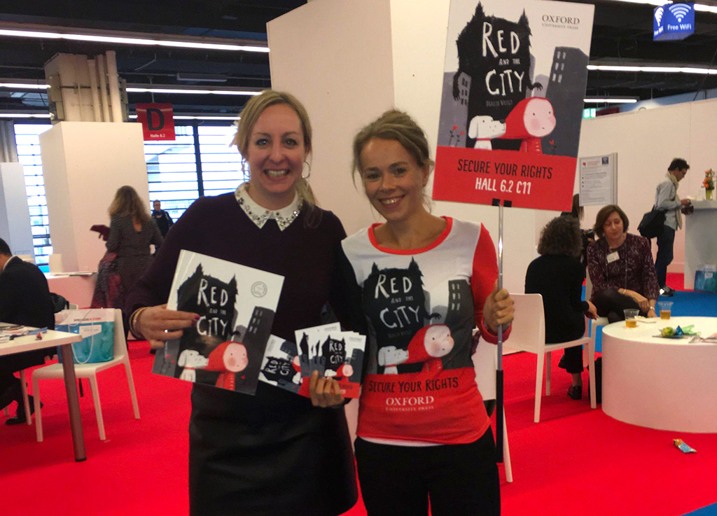 My agent Stephanie Thwaites and I celebrating at Frankfurt Book Fair 2017 where I was helping promote my book Red and the City to foreign publishers